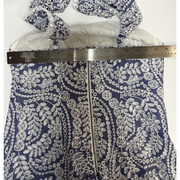 Alice + Olivia 'Honor' Embroidered-Eyelet Cotton Mini-Dress, Chambray  SIZE 4 - Picture 9 of 10